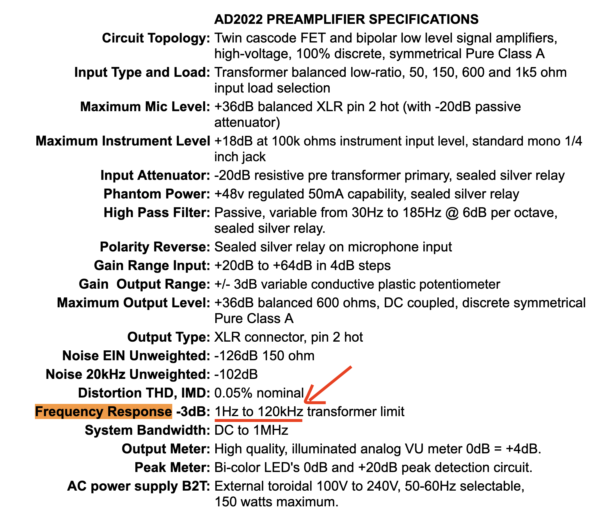 AD2022 PREAMPLIFIER SPECIFICATIONS｜画像